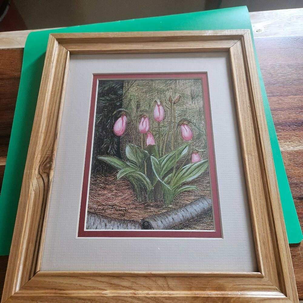 beautiful, framed lady slippers signed by artist 1999 wood frame